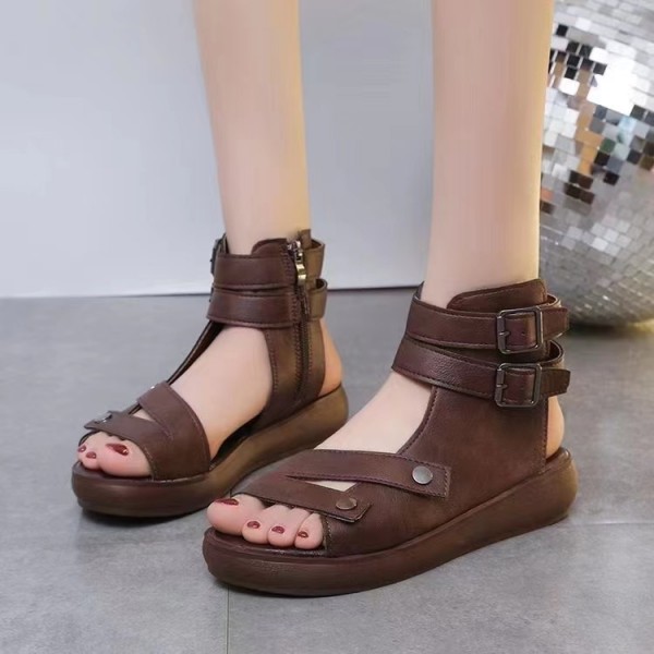 Summer Women Fashion Vintage Thick-Soled Side Zipper Belt Buckle Roman Sandals