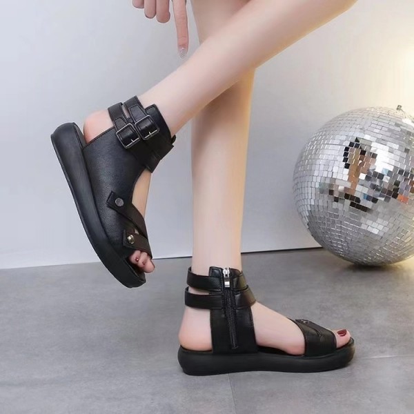 Summer Women Fashion Vintage Thick-Soled Side Zipper Belt Buckle Roman Sandals