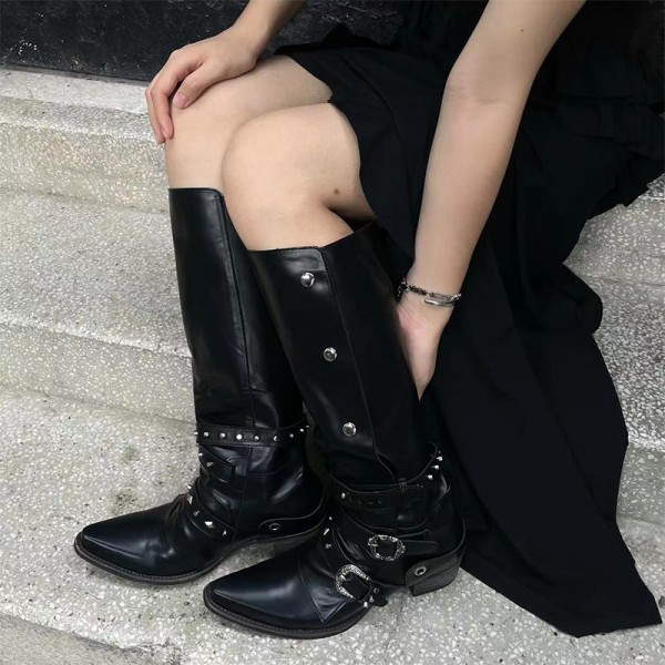 Women Vintage Punk Style Pointed Toe Rivet Belt Buckle Decoration High Boots