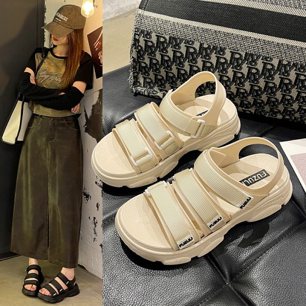 Summer Women Casual Solid Color Velcro Round Toe Thick-Soled Sandals