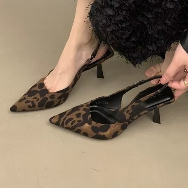 Women Fashion Leopard Pointed Toe Heel Hollow High Heels