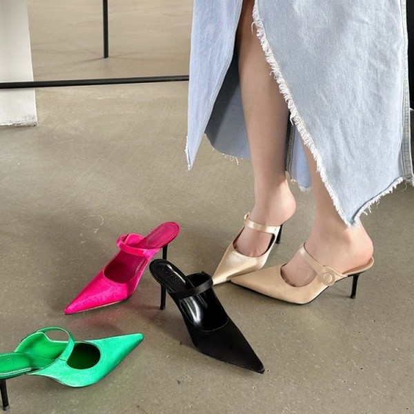 Summer Women Fashion Satin Pointed Toe High Heel Slippers