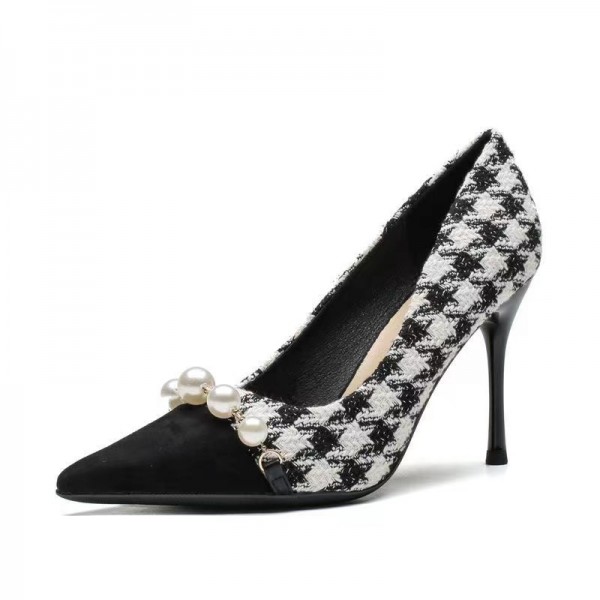 Women Fashion Plus Size Houndstooth Pearl Chain Tip Toe Pumps