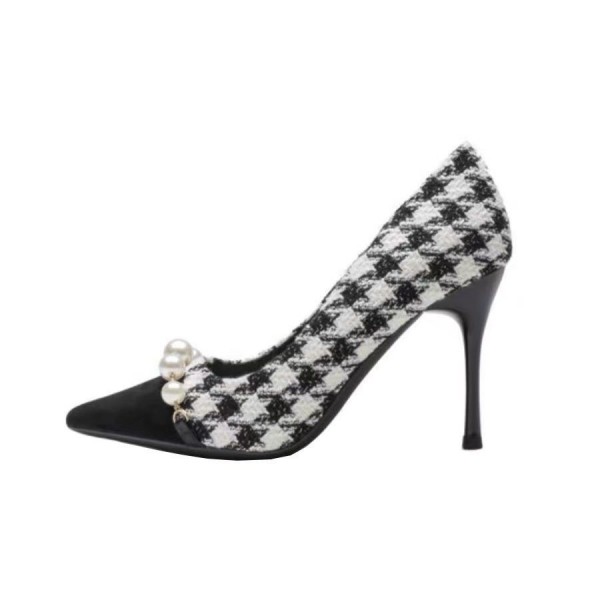 Women Fashion Plus Size Houndstooth Pearl Chain Tip Toe Pumps