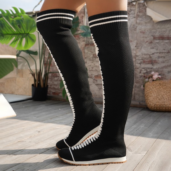 Women Fashion Plus Size Stretch Knitted Breathable Flat Over The Knee Boots