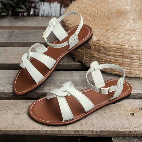 Summer Women Casual Plus Size Solid Color Round Toe Flat PU Sandals