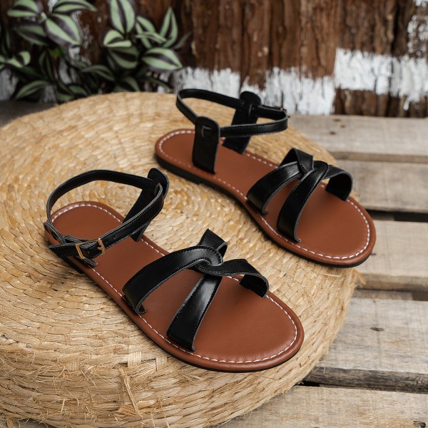 Summer Women Casual Plus Size Solid Color Round Toe Flat PU Sandals