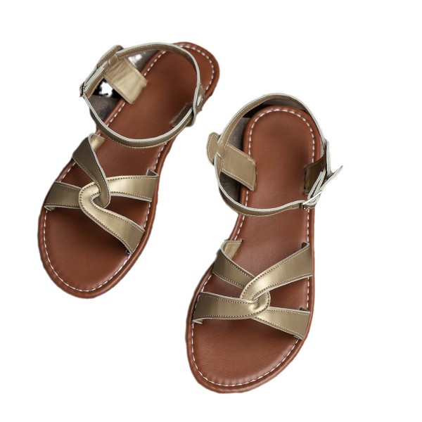 Summer Women Casual Plus Size Solid Color Round Toe Flat PU Sandals