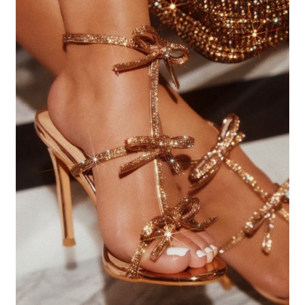 Women Fashion Sexy Plus Size Bow Rhinestone Strap High Heeled Sandals