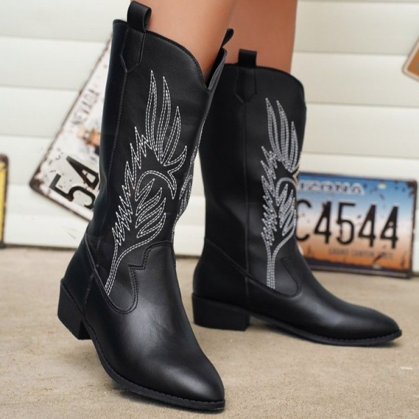 Women Fashion Plus Size Embroidered Pointy Toe Mid-Calf Boots