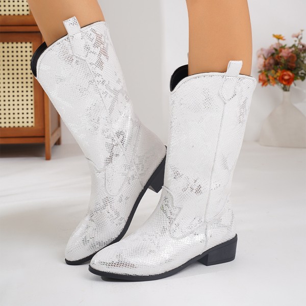 Women Fashion Plus Size Embroidered Pointy Toe Mid-Calf Boots