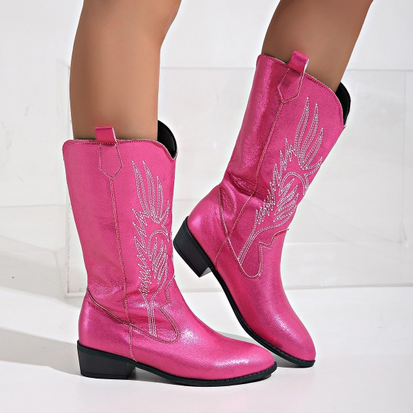 Women Fashion Plus Size Embroidered Pointy Toe Mid-Calf Boots