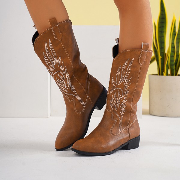 Women Fashion Plus Size Embroidered Pointy Toe Mid-Calf Boots