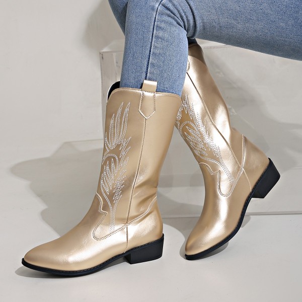 Women Fashion Plus Size Embroidered Pointy Toe Mid-Calf Boots