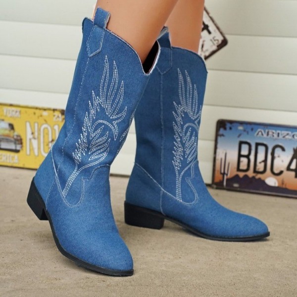 Women Fashion Plus Size Embroidered Pointy Toe Mid-Calf Boots